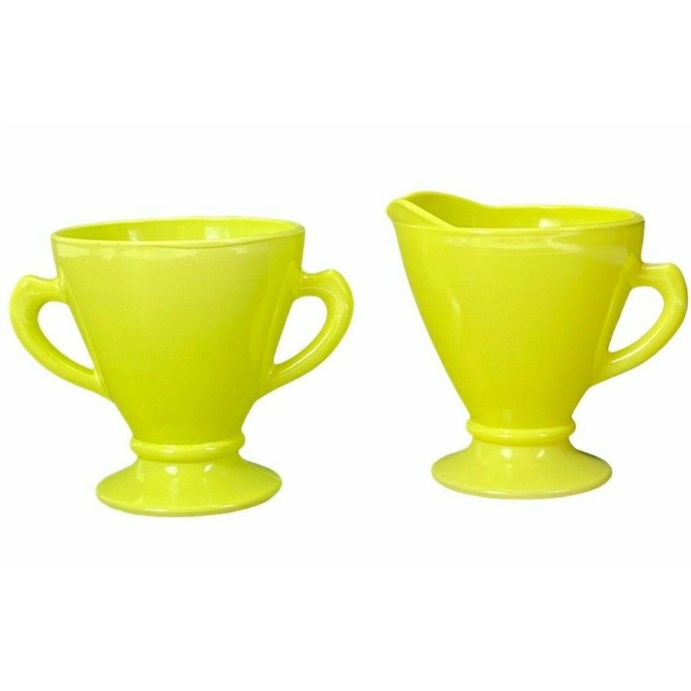 Vintage Hazel Atlas Ovidue Platonite Yellow Green Creamer Sugar Set c1950s